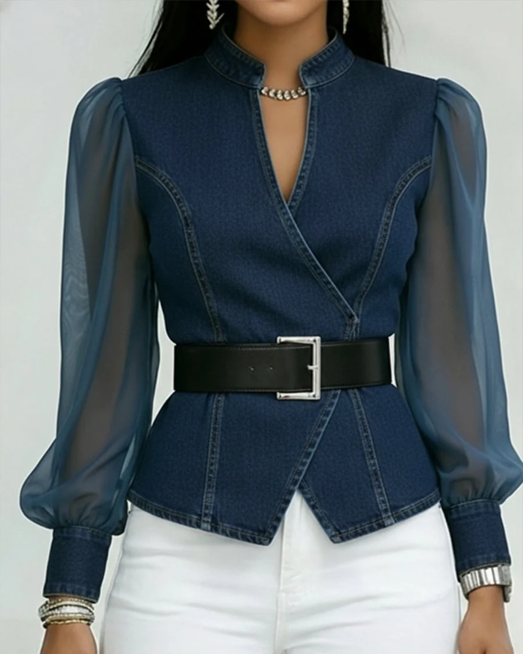Alessia | Denimtop med ermer i lett chiffon